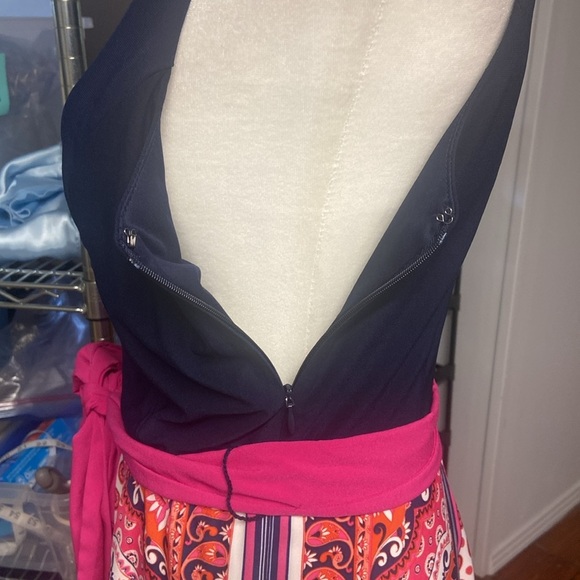 ELIZA J Paisley Scarf Print Belted Maxi Dress Size 6 Navy Pink Jersey Summer Fun - Picture 7 of 9